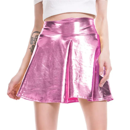 PU Shiny Metallic Color Sexy Bodycon Mini Skirts Women High Waist A-line Flare Skirt New Fashion Summer Streetwear Short Skirts