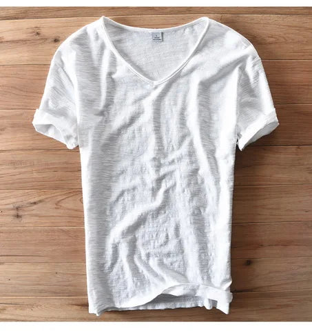 100% Cotton Short Sleeve V-Neck T Shirt Men Solid White Men T-Shirt Summer Comfortable and Breathable Soft Tshirt Mens Camiseta