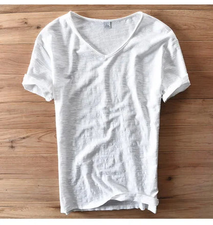 100% Cotton Short Sleeve V-Neck T Shirt Men Solid White Men T-Shirt Summer Comfortable and Breathable Soft Tshirt Mens Camiseta