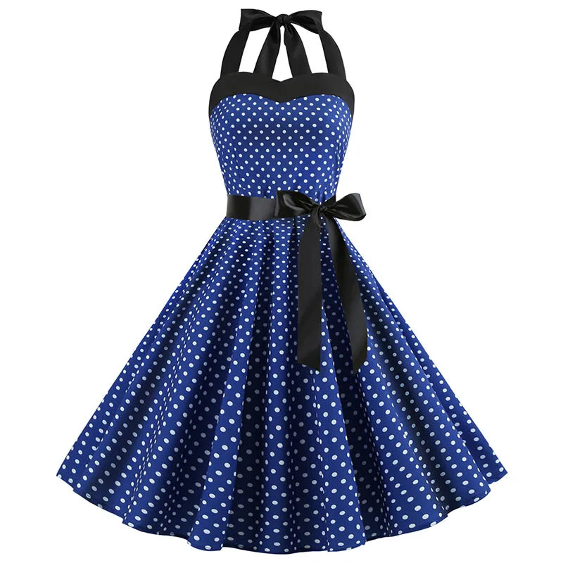 Sexy Retro White Polka Dot Dress Hepburn Vintage Halter Party Dress 50s 60s Pin Up Rockabilly Robe