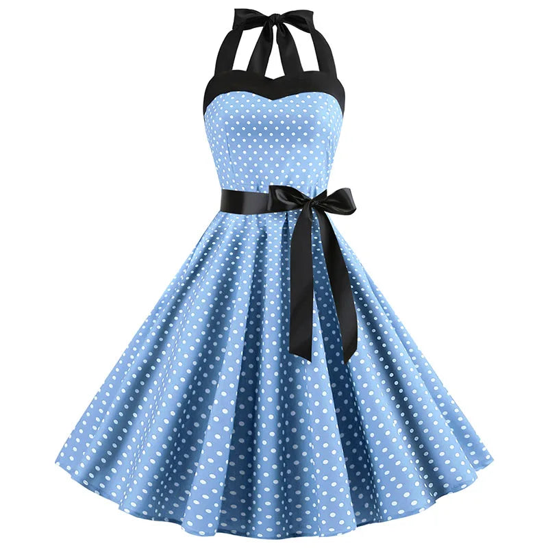 Sexy Retro White Polka Dot Dress Hepburn Vintage Halter Party Dress 50s 60s Pin Up Rockabilly Robe