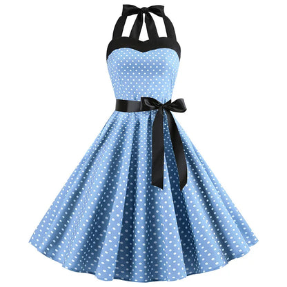 Sexy Retro White Polka Dot Dress Hepburn Vintage Halter Party Dress 50s 60s Pin Up Rockabilly Robe
