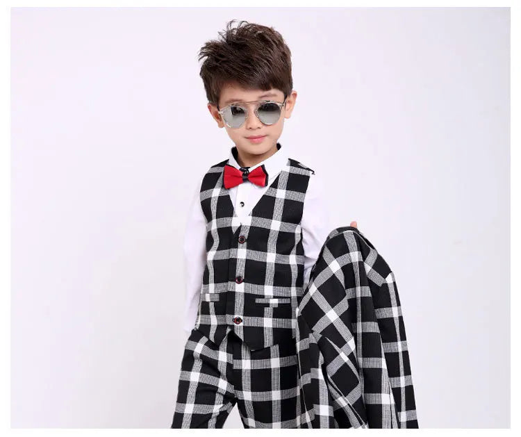 Flower Boys Formal School Suits for Weddings Boys Brand Plaid Blazer Vest Pants 3pcs Tuxedo Kids Prom Party Dress Clothing Sets