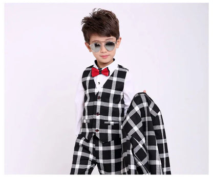 Flower Boys Formal School Suits for Weddings Boys Brand Plaid Blazer Vest Pants 3pcs Tuxedo Kids Prom Party Dress Clothing Sets