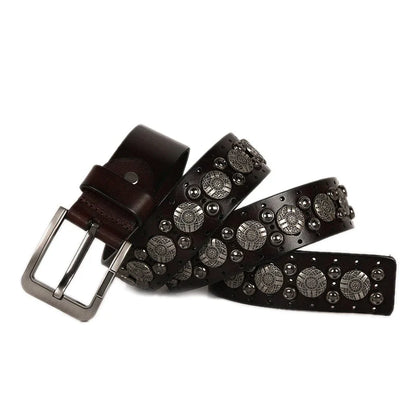 Hip Hop Metal Round Rivet Cowboy Belt Genuine Leather Cowskin Men Belt Punk Big Rivet Jeans Studded Belts For Men Ceinture Homme