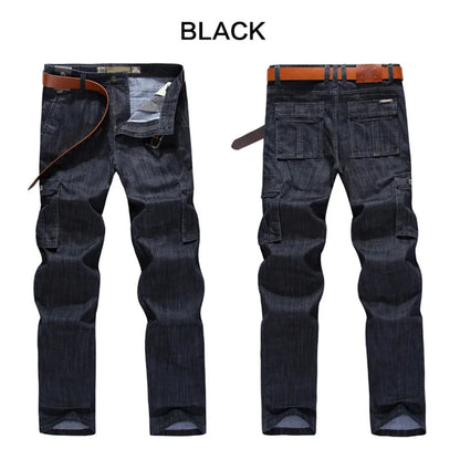 Mens Jeans Cargo Denim Pants Regular Loose Fit Multi Pockets Classic Washed Military Wear Big Size 38 40 42 V7A1J012