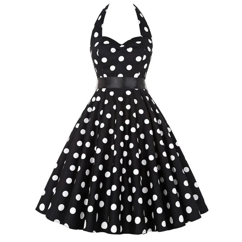 Sexy Retro White Polka Dot Dress Hepburn Vintage Halter Party Dress 50s 60s Pin Up Rockabilly Robe