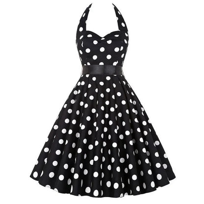 Sexy Retro White Polka Dot Dress Hepburn Vintage Halter Party Dress 50s 60s Pin Up Rockabilly Robe