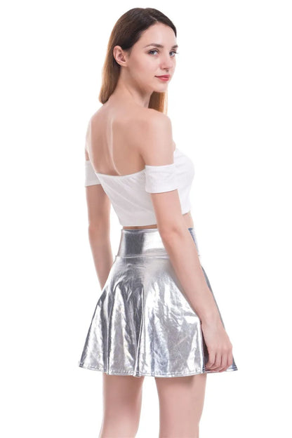 PU Shiny Metallic Color Sexy Bodycon Mini Skirts Women High Waist A-line Flare Skirt New Fashion Summer Streetwear Short Skirts