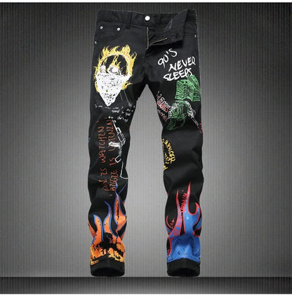 Men's Fashion Letters Flame Black Printed Jeans Slim Straight Colored Painted Stretch Pants