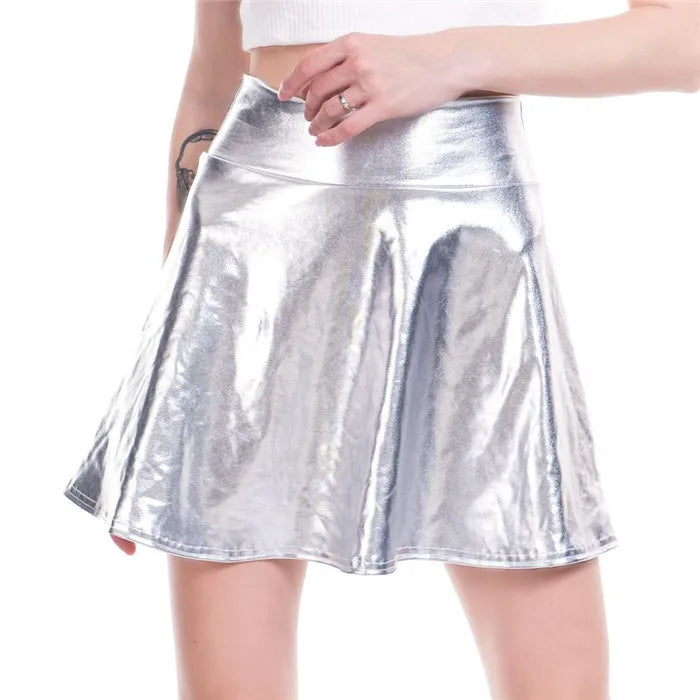 PU Shiny Metallic Color Sexy Bodycon Mini Skirts Women High Waist A-line Flare Skirt New Fashion Summer Streetwear Short Skirts