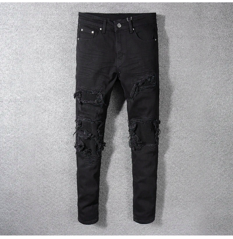 Sokotoo Men's Black Patchwork Stretch Denim Biker Jeans for Motorcycle Slim Fit Skinny Ripped Pencil Pants