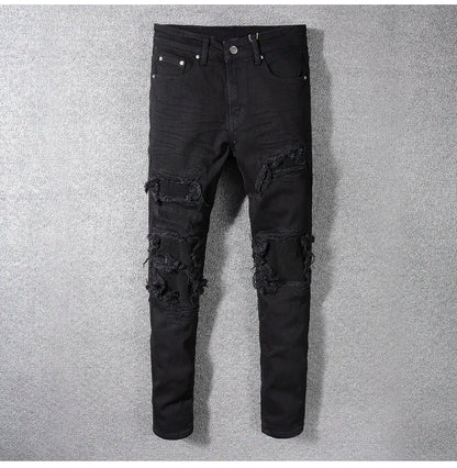 Sokotoo Men's Black Patchwork Stretch Denim Biker Jeans for Motorcycle Slim Fit Skinny Ripped Pencil Pants