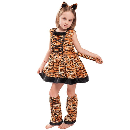 Cute Cartoon Animal Cosplay Girls Tiger Leopard Dress Halloween costume for Girl Christmas Carnival Outfit Headband