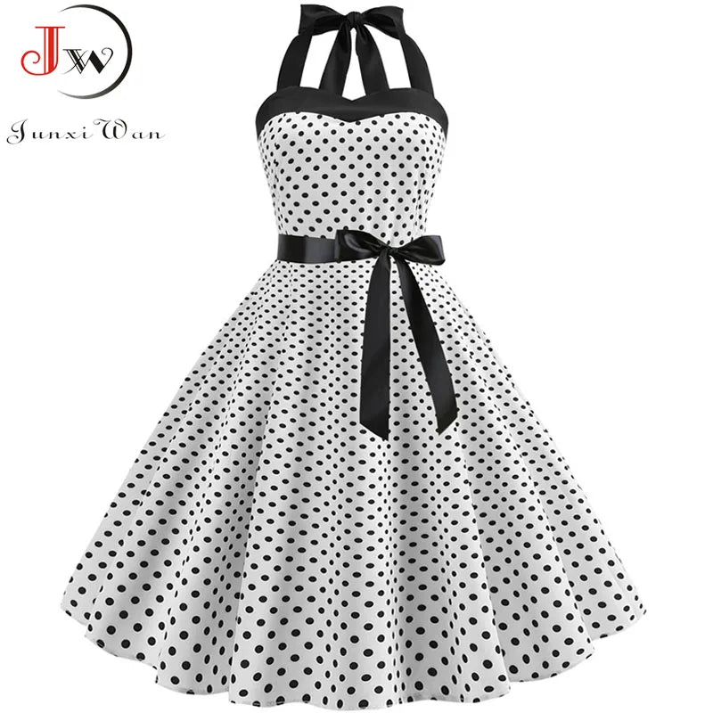 Sexy Retro White Polka Dot Dress Hepburn Vintage Halter Party Dress 50s 60s Pin Up Rockabilly Robe
