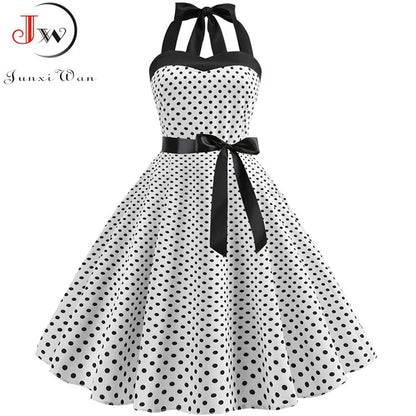 Sexy Retro White Polka Dot Dress Hepburn Vintage Halter Party Dress 50s 60s Pin Up Rockabilly Robe