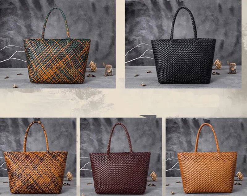 Women Leather Handbag Romantic Big Handmade Woven Totes Female Cowhide Big Holiday Bucket Bag Causal Beach Shoulder Handbags