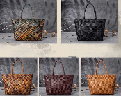 Women Leather Handbag Romantic Big Handmade Woven Totes Female Cowhide Big Holiday Bucket Bag Causal Beach Shoulder Handbags