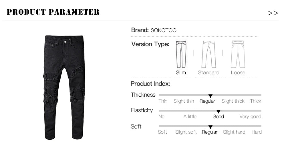 Sokotoo Men's Black Patchwork Stretch Denim Biker Jeans for Motorcycle Slim Fit Skinny Ripped Pencil Pants