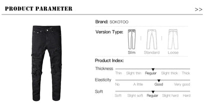 Sokotoo Men's Black Patchwork Stretch Denim Biker Jeans for Motorcycle Slim Fit Skinny Ripped Pencil Pants