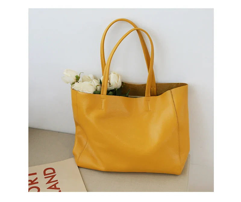 2023 New Women Deluxe Cowhide Genuine Leather Totes Handbag Lady Simple Soft Satchels Bag High Capacity Waterproof Shopping Bags