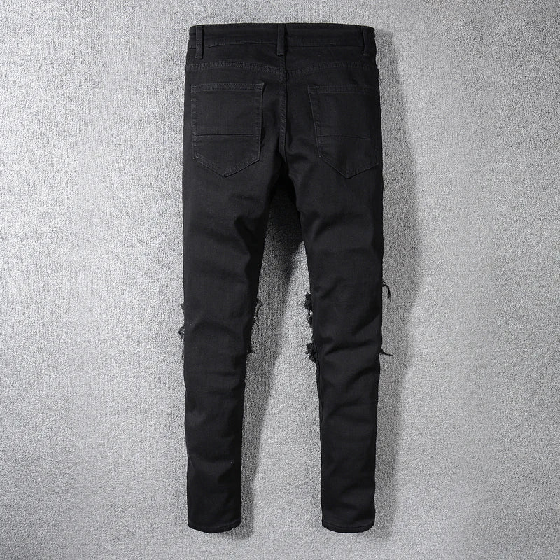 Sokotoo Men's Black Patchwork Stretch Denim Biker Jeans for Motorcycle Slim Fit Skinny Ripped Pencil Pants