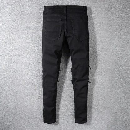 Sokotoo Men's Black Patchwork Stretch Denim Biker Jeans for Motorcycle Slim Fit Skinny Ripped Pencil Pants