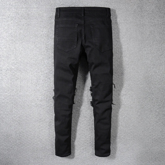 Sokotoo Men's Black Patchwork Stretch Denim Biker Jeans for Motorcycle Slim Fit Skinny Ripped Pencil Pants