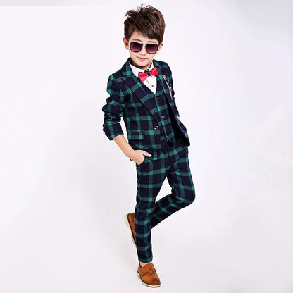 Flower Boys Formal School Suits for Weddings Boys Brand Plaid Blazer Vest Pants 3pcs Tuxedo Kids Prom Party Dress Clothing Sets