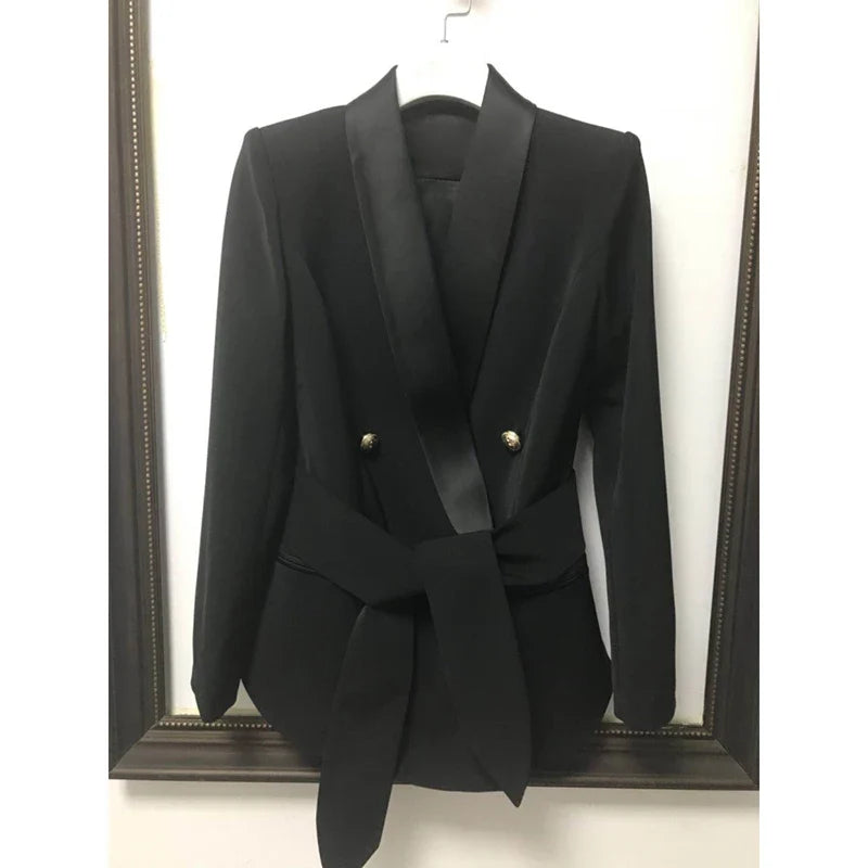 HIGH STREET Newest Fashion 2026 Designer Blazer Women's Shawl Collar Double Breasted Metal Buttons Belt Blazer Jacket