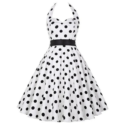 Sexy Retro White Polka Dot Dress Hepburn Vintage Halter Party Dress 50s 60s Pin Up Rockabilly Robe