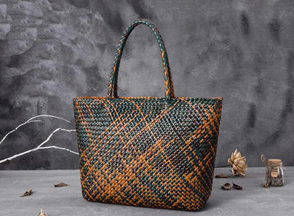 Women Leather Handbag Romantic Big Handmade Woven Totes Female Cowhide Big Holiday Bucket Bag Causal Beach Shoulder Handbags