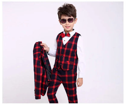 Flower Boys Formal School Suits for Weddings Boys Brand Plaid Blazer Vest Pants 3pcs Tuxedo Kids Prom Party Dress Clothing Sets