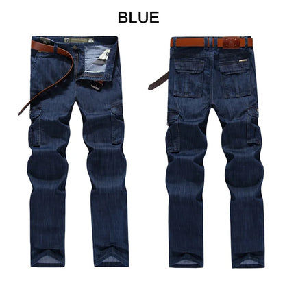 Mens Jeans Cargo Denim Pants Regular Loose Fit Multi Pockets Classic Washed Military Wear Big Size 38 40 42 V7A1J012