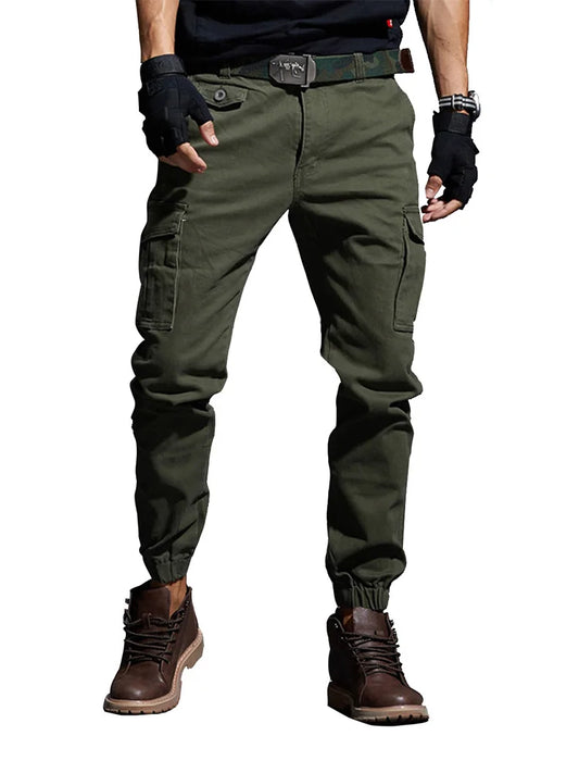 New men's pants Elastic foot close Skinny Pants Tactical military Men's Cargo Pants Multi-pocket Overalls  (No Belt)