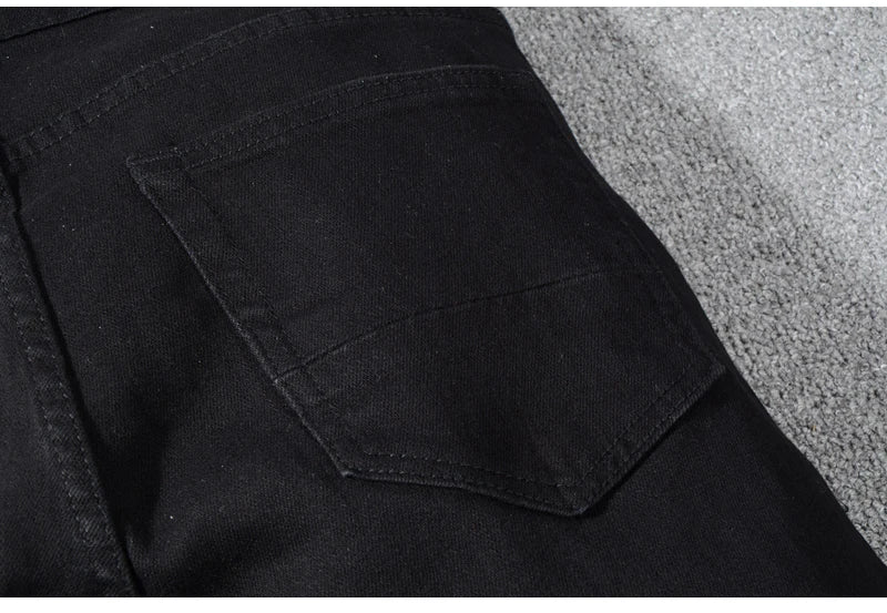 Sokotoo Men's Black Patchwork Stretch Denim Biker Jeans for Motorcycle Slim Fit Skinny Ripped Pencil Pants