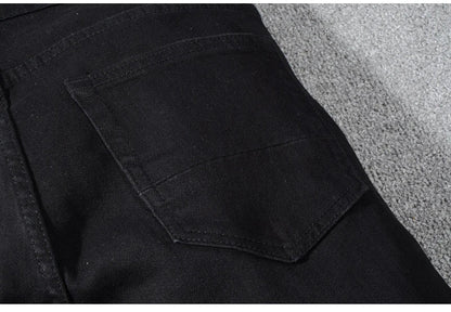 Sokotoo Men's Black Patchwork Stretch Denim Biker Jeans for Motorcycle Slim Fit Skinny Ripped Pencil Pants