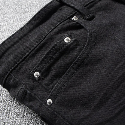 Sokotoo Men's Black Patchwork Stretch Denim Biker Jeans for Motorcycle Slim Fit Skinny Ripped Pencil Pants
