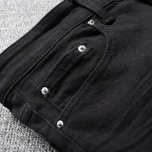 Sokotoo Men's Black Patchwork Stretch Denim Biker Jeans for Motorcycle Slim Fit Skinny Ripped Pencil Pants