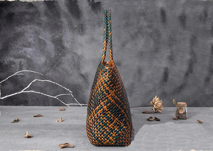 Women Leather Handbag Romantic Big Handmade Woven Totes Female Cowhide Big Holiday Bucket Bag Causal Beach Shoulder Handbags