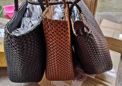 Women Leather Handbag Romantic Big Handmade Woven Totes Female Cowhide Big Holiday Bucket Bag Causal Beach Shoulder Handbags