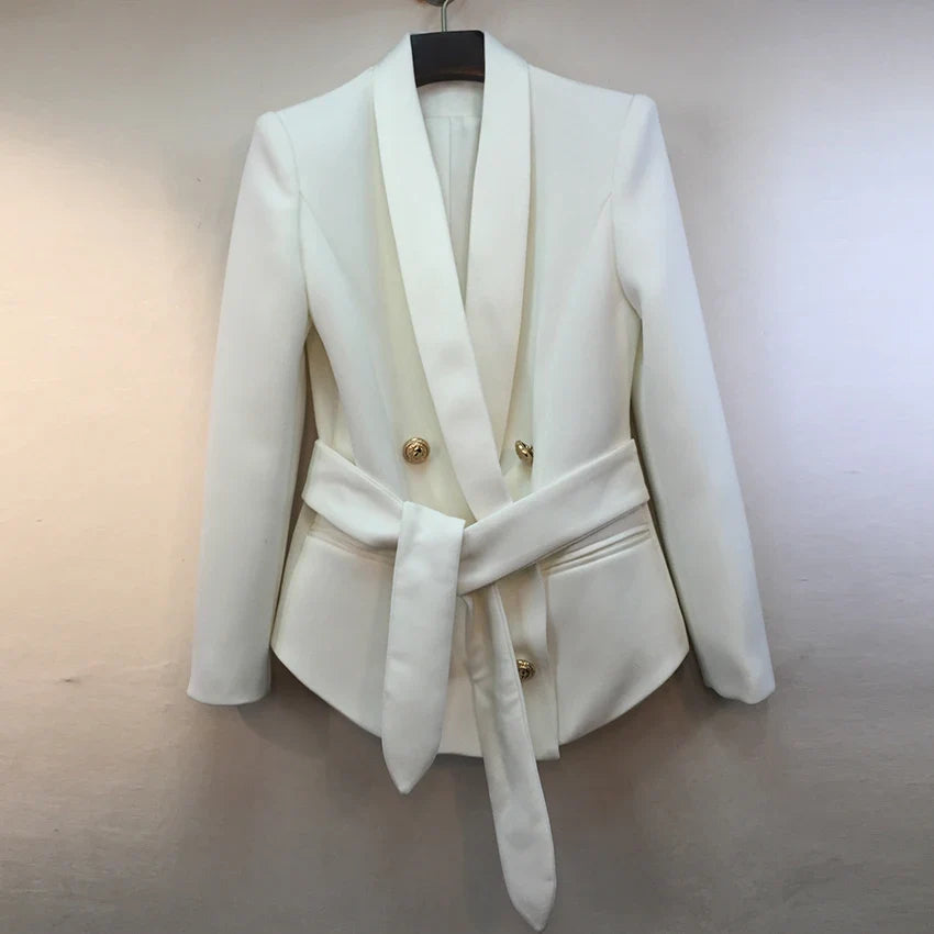 HIGH STREET Newest Fashion 2026 Designer Blazer Women's Shawl Collar Double Breasted Metal Buttons Belt Blazer Jacket