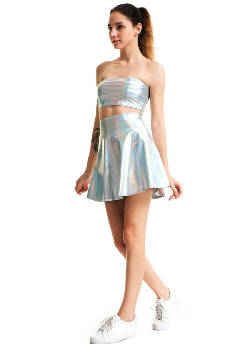 PU Shiny Metallic Color Sexy Bodycon Mini Skirts Women High Waist A-line Flare Skirt New Fashion Summer Streetwear Short Skirts