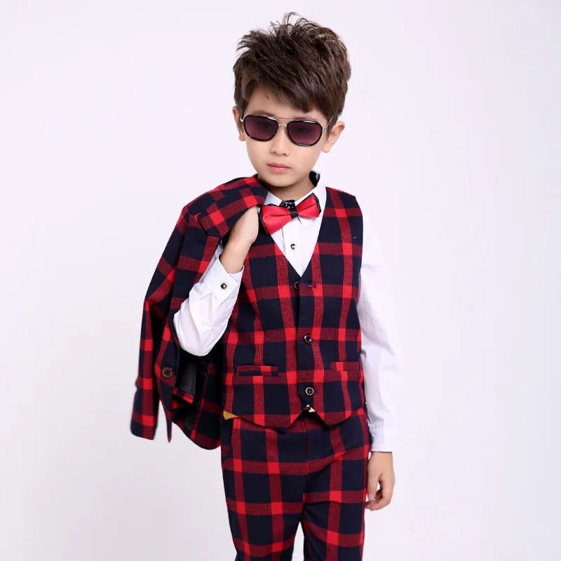 Flower Boys Formal School Suits for Weddings Boys Brand Plaid Blazer Vest Pants 3pcs Tuxedo Kids Prom Party Dress Clothing Sets