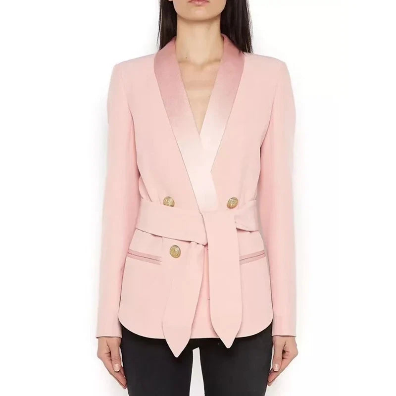 HIGH STREET Newest Fashion 2026 Designer Blazer Women's Shawl Collar Double Breasted Metal Buttons Belt Blazer Jacket