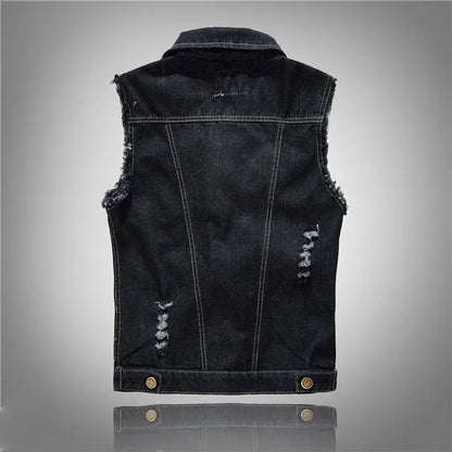 New Spring Autumn Vintage Design Men's Denim Vest Male Black Sleeveless Jackets Men Hole Jeans Brand Waistcoat 6XL,YA566