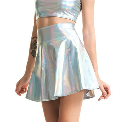 PU Shiny Metallic Color Sexy Bodycon Mini Skirts Women High Waist A-line Flare Skirt New Fashion Summer Streetwear Short Skirts