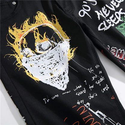 Men's Fashion Letters Flame Black Printed Jeans Slim Straight Colored Painted Stretch Pants