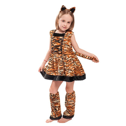 Cute Cartoon Animal Cosplay Girls Tiger Leopard Dress Halloween costume for Girl Christmas Carnival Outfit Headband