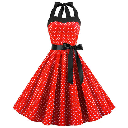 Sexy Retro White Polka Dot Dress Hepburn Vintage Halter Party Dress 50s 60s Pin Up Rockabilly Robe